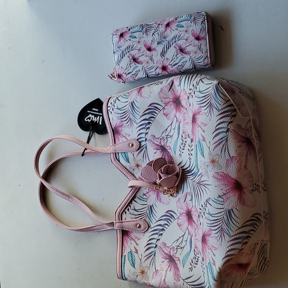 Imoshionusa vegan handbag with matching wallet new pink flowers